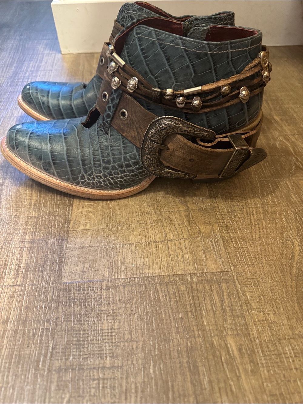 Freebird Leather Teal Croc-Textured Ankle Boots with Brown Strap Accents - Picture 4 of 8